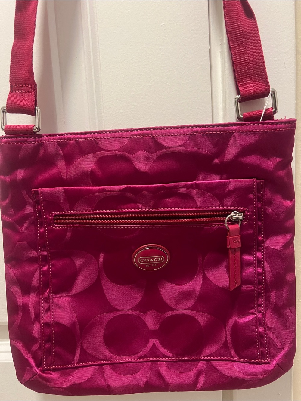 Coach Fuchsia Signature Nylon Crossbody Bag with Front Pocket